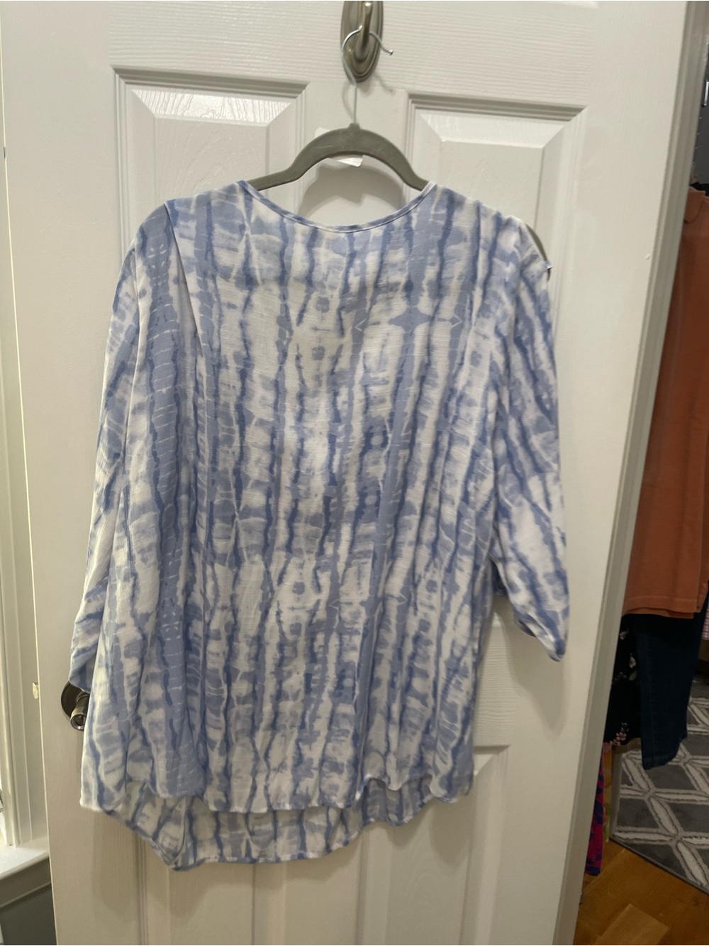 Cato Blue and White Tie-Dye Peasant Blouse with Front Tie - Picture 11 of 13